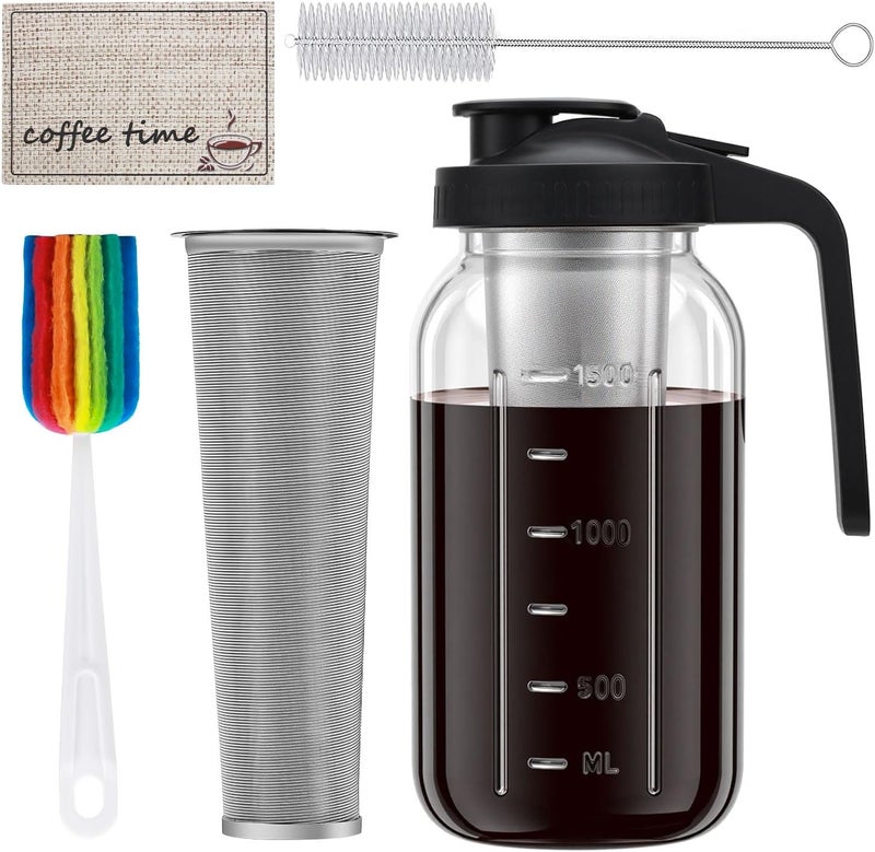 Heyglee Cold Brew Coffee Maker, 64oz Cold Brew Pitcher with Stainless Steel Filter & Coffee Mat, Glass Cold Brew Mason Jar with Airtight Lid, Cold Brew Brewer Kit Tea Infuser Pitcher, Gifts for Coffee Lovers - Image 1